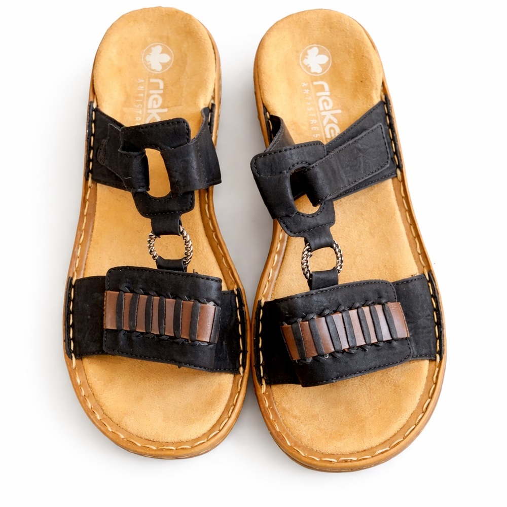 Rieker Antistress Leather Comfort Slide Sandals Black Size 9
